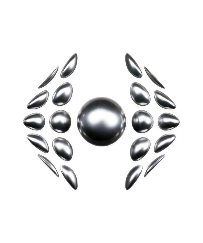 A group of shiny silver oval objects arranged symmetrically around a larger central oval on a white background.