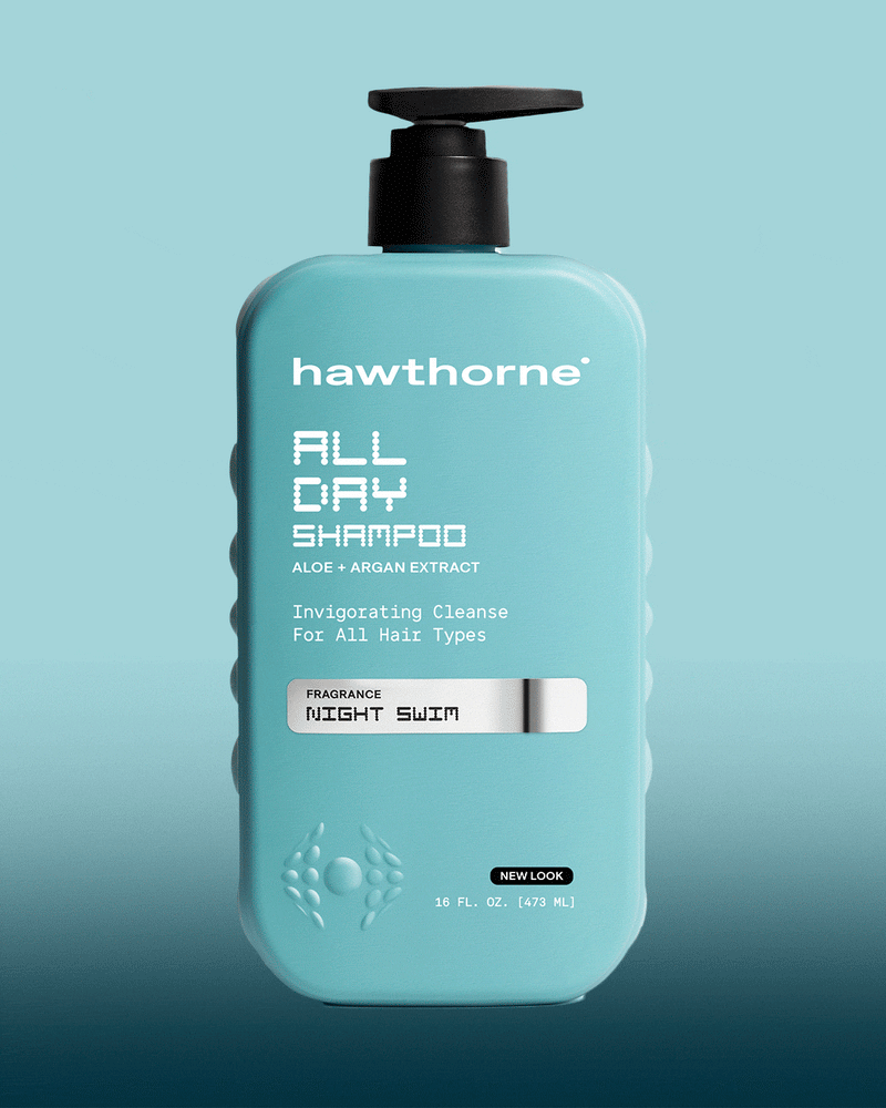 A light blue bottle of Hawthorne All Day Shampoo with aloe and argan extract, labeled for all hair types and featuring the fragrance Night Swim.