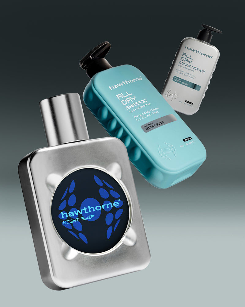 Three Hawthorne branded personal care products—cologne, shampoo, and conditioner—are displayed against a gradient background.