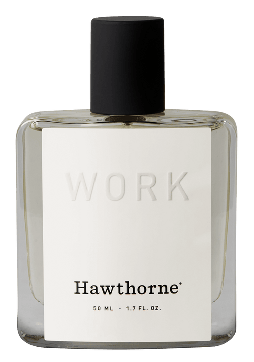 The hawthorne Aromatic and Woody Work Cologne is a 50mL (1.7 fl. oz.) clear glass bottle with a black cap and minimalist white label, offering an aromatic, woody men’s fragrance with a fresh scent.