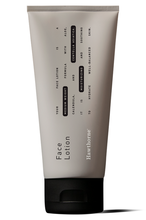 A tube of hawthorne Medium Weight Face Lotion, featuring black text on its white packaging that highlights aloe vera, centella extract, and a medium weight formula for balanced moisture.