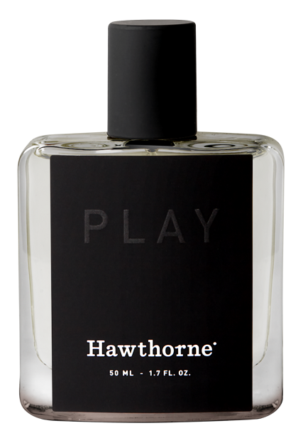 A 50 ml clear glass bottle of Hawthorne Spicy Barbershop Play Cologne, featuring a black label and cap—ideal for those with polished style seeking a sophisticated scent.