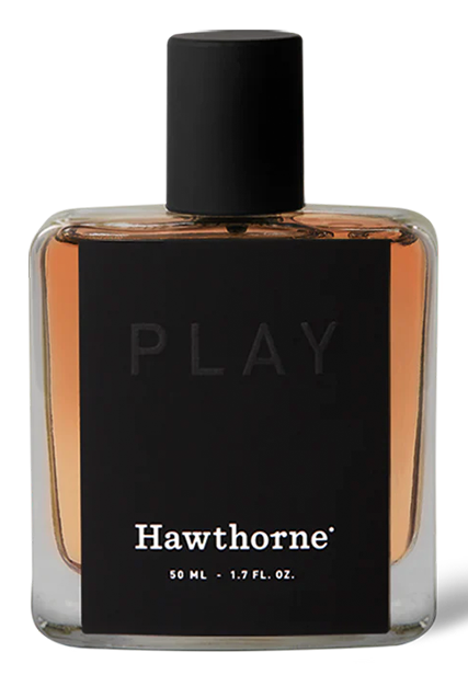 A rectangular glass bottle of hawthorne Sophisticated Oud Play Cologne, 50 ml, with a black label and cap—featuring refined oud notes for a modern twist.