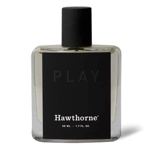 A clear glass bottle of hawthorne Soft and Airy Sandalwood Play Cologne with a black label and cap, containing 50 ml (1.7 fl oz) of fragrance.