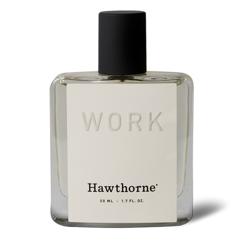 A clear rectangular bottle of hawthornes Woody and Airy Work Cologne features a black cap and white label, with 50 ML - 1.7 FL. OZ., offering refined woody cedarwood notes.